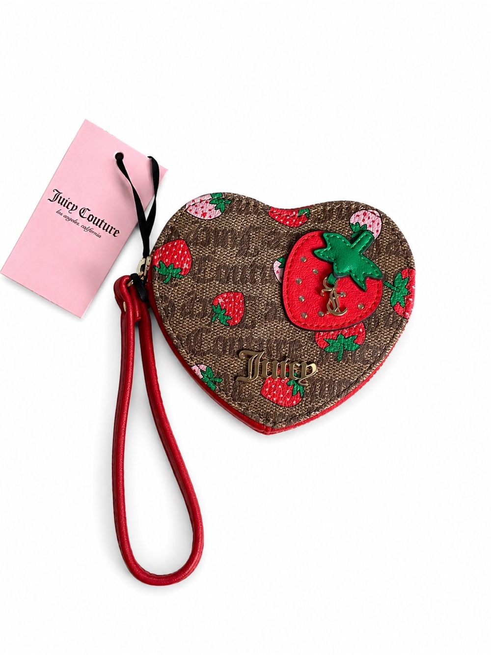 Juicy Couture Brown Heart Wristlet with Red & Green Strawberry Accents